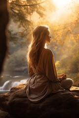 Woman is trying to meditate on a rock in the forest. Sunset light - obrazy, fototapety, plakaty