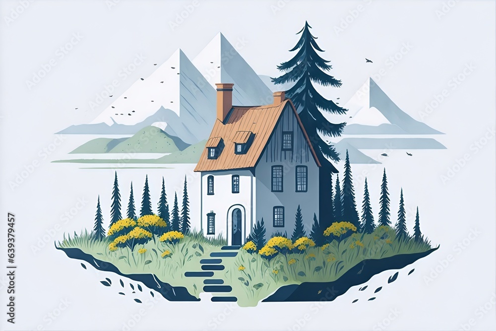 Wall mural modern house concceptual cartoon. ai generated illustration