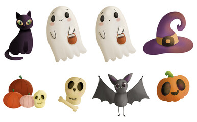 Cute kids set of halloween cartoon characters and design elements. Ghost, bat, skull and bones, pumpkin, jack o lantern, spirit. Trick or treat illustrations.