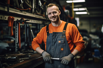 Fototapeta na wymiar Photo of a mechanic man in a car repair shop