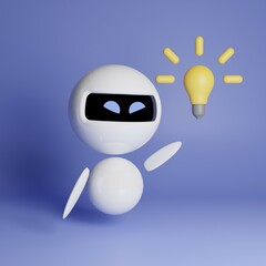 Cute white small robot with a lightbulb on blue background 3d rendered illustration. Great idea concept