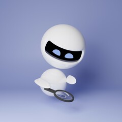 Cute white small robot searching for something with a magnifying glass on a blue background 3d rendered illustration. 