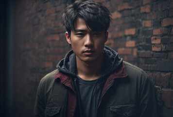 Obraz premium A man with a hoodie and jacket stands in front of a brick wall