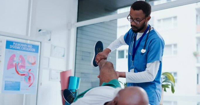 Physiotherapy, stretching legs or doctor with old man in hospital clinic for body healing recovery. Physical therapy, rehabilitation or mature black man consulting medical physician to help injury