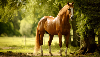 Fototapeta premium Beautiful horse on the background of nature. Brown horse in the forest. A horse with a beautiful long mane. Welsh ponies. Generative AI. 