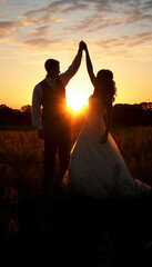 Beautiful wedding couple emotional in the sunset. Generative AI illustrations