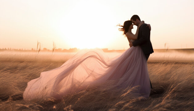 Newly wed bride and groom posing on a rural field in the sunset. Generative AI illustrations