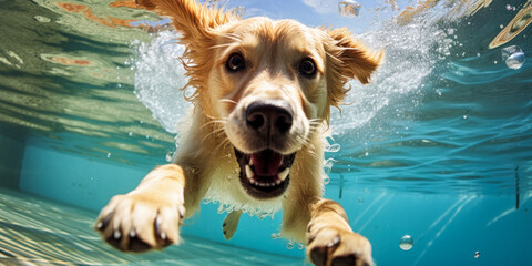 Popular Dog Breed Golden Retriever Puppy Playing in Swimming Pool