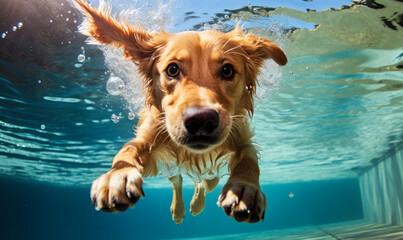 Funny Golden Retriever Puppy Jumping and Diving in Swimming Pool