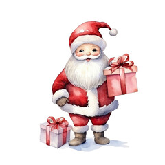 Watercolor Santa Claus with gifts in his hands on a transparent background. For prints, postcards, posters