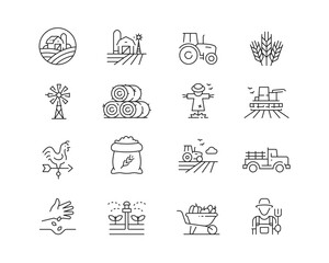 Farming and Agriculture Icon collection containing 16 editable stroke icons. Perfect for logos, stats and infographics. Edit the thickness of the line in any vector capable app. © Borderline Artistic
