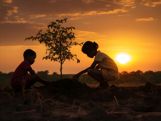 Silhouette of a boy and girl planting a tree at sunset