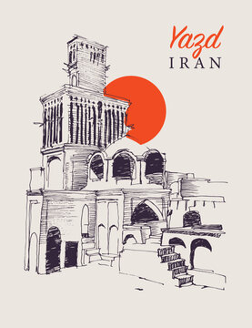 Vector hand drawn sketch illustration of Yazd city in Iran