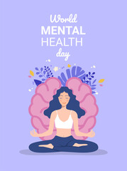 Mental health concept. girl meditates in the lotus position on the background of the human brain. world health day