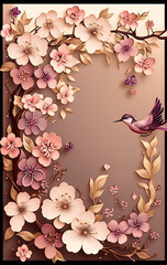 Vintage background with cherry blossom flowers and bird. illustration.