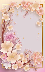 Cherry blossom background with frame and gold frame. illustration.