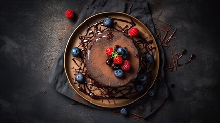 Chocolate cake garnished with berries on a rustic background, top view