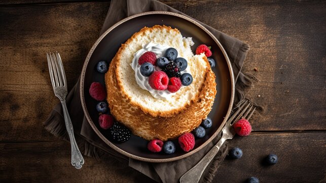 Angel food cake garnished with berries on a rustic background, top view