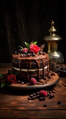 Chocolate layer cake garnished with berries on a rustic background