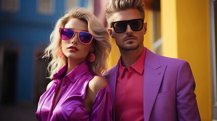 Elegant fashionable couple wearing sunglasses on the street. Clothing style. 