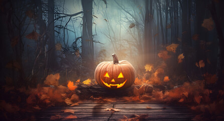 Halloween Pumpkin and autumn fall with jungle background.