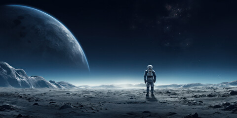 Astronaut stay on the Moon surface against Earth on the background. Generative AI