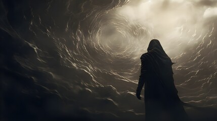 The Eye of the Storm: A Dramatic Image of a Hooded Person Confronting a Vortex of Clouds in Sepia Tone Generative AI