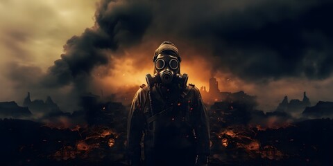 A Post-Apocalyptic Person in a Gas Mask and a Brown Coat in a destroyed cityscape Generative AI