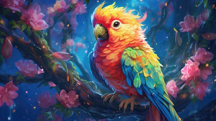 Painting cute parrot in nature's wildlife