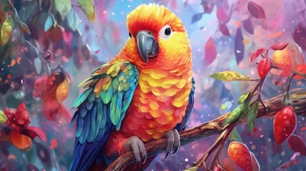 Rolgordijnen Whimsical and creative painting of a cute parrot in the wilderness © ibhonk