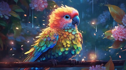 Playful and lively artwork showcasing a cute parrot in the wild