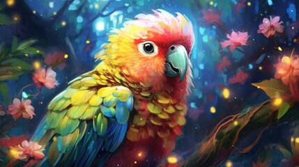 Splendid and realistic illustration of a cute parrot in its natural surroundings