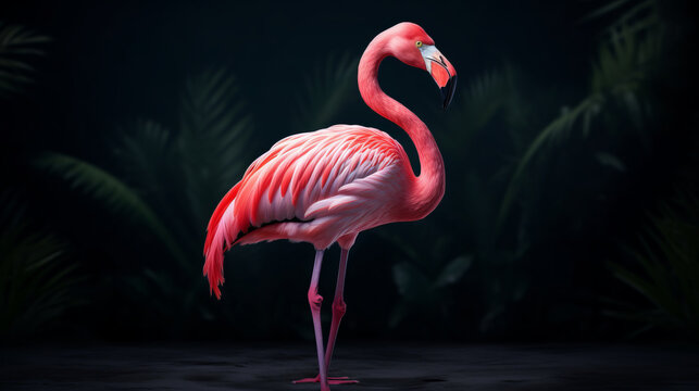 A pink flamingo standing in a dark