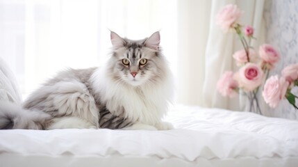 Cute Norwegian Forest Cat peacefully resting on bed in cozy well lit bedroom. Indoor background. Generated with AI.