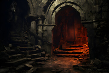 Spooky old doorway leads to abandoned dungeon - obrazy, fototapety, plakaty