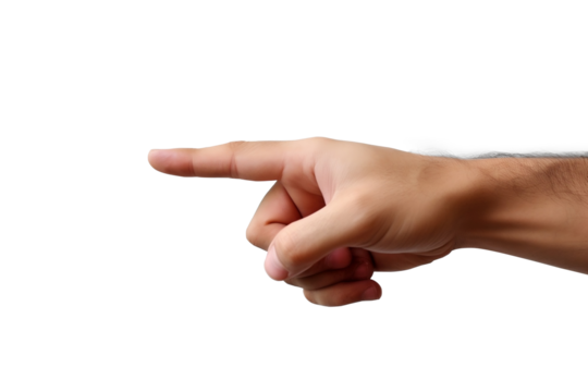 Male index finger pointing isolated. Side view, man pointing the direction. Isolated on Transparent background.