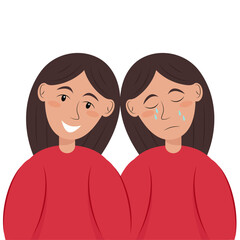 Two opposite states of man. Cheerful and sad girl. Psychological problems, mental health