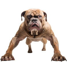 Obraz premium Dog bodybuilder cute dog doing push ups. Ready to attack or run. Isolated on Transparent background.