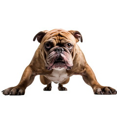 Obraz premium Dog bodybuilder cute dog doing push ups. Ready to attack or run. Isolated on Transparent background.