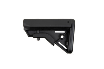 Close-up of the butt of an automatic carbine. Modern automatic rifle isolated on white background....