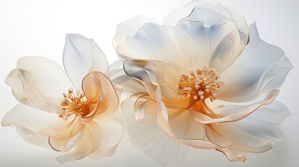  two white flowers with orange centers on a white background with a light reflection.  generative ai