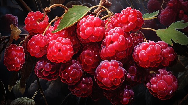  a painting of a bunch of red berries with green leaves.  generative ai
