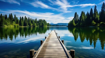  a dock on a calm lake with trees in the background.  generative ai