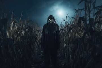 Halloween. Horrific scene of a corn field with a scary scarecrow. 