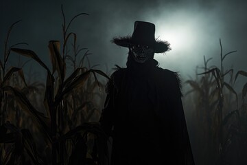 Halloween. Horrific scene of a corn field with a scary scarecrow. 