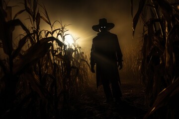 Halloween. Horrific scene of a corn field with a scary scarecrow.  - obrazy, fototapety, plakaty