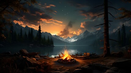 Roaming through the untamed wilderness during a summer adventure. A campfires warm glow at twilight creates a serene backdrop to enjoy nature