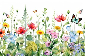 Fototapety  Fleurs, feuilles, plantes et papillons volants multicolores abstraits sans couture. Vecteurs de motif isolés sur fond blanc, illustration panoramique prairie d'été. IA générative, générative, IA.