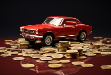 Driving Ambitions: A Miniature Retro Car atop a Pile of Savings