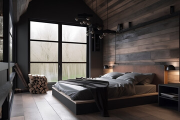 Eco style bedroom interior with bed in modern house.